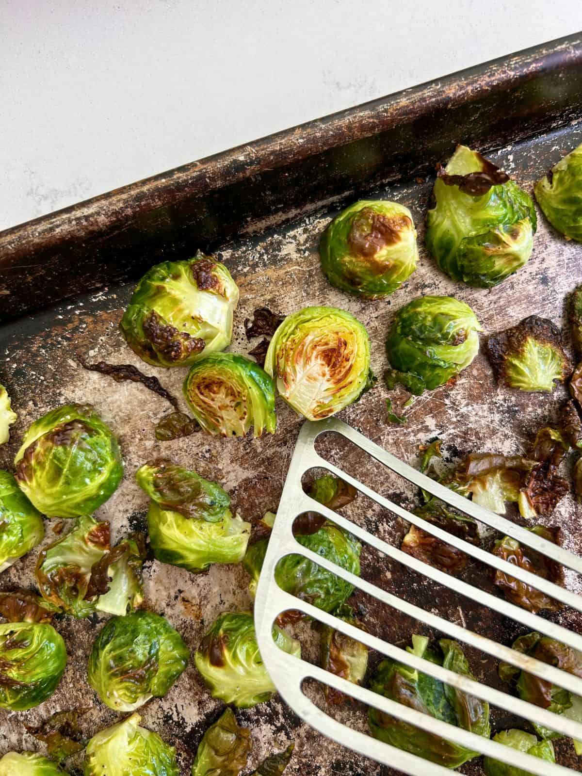 Caramelized brussel sprouts on cookie sheet with one flipped over to show the seared cut side.