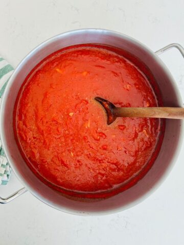 A big pot of San Marzano marinara sauce that is ready to serve.