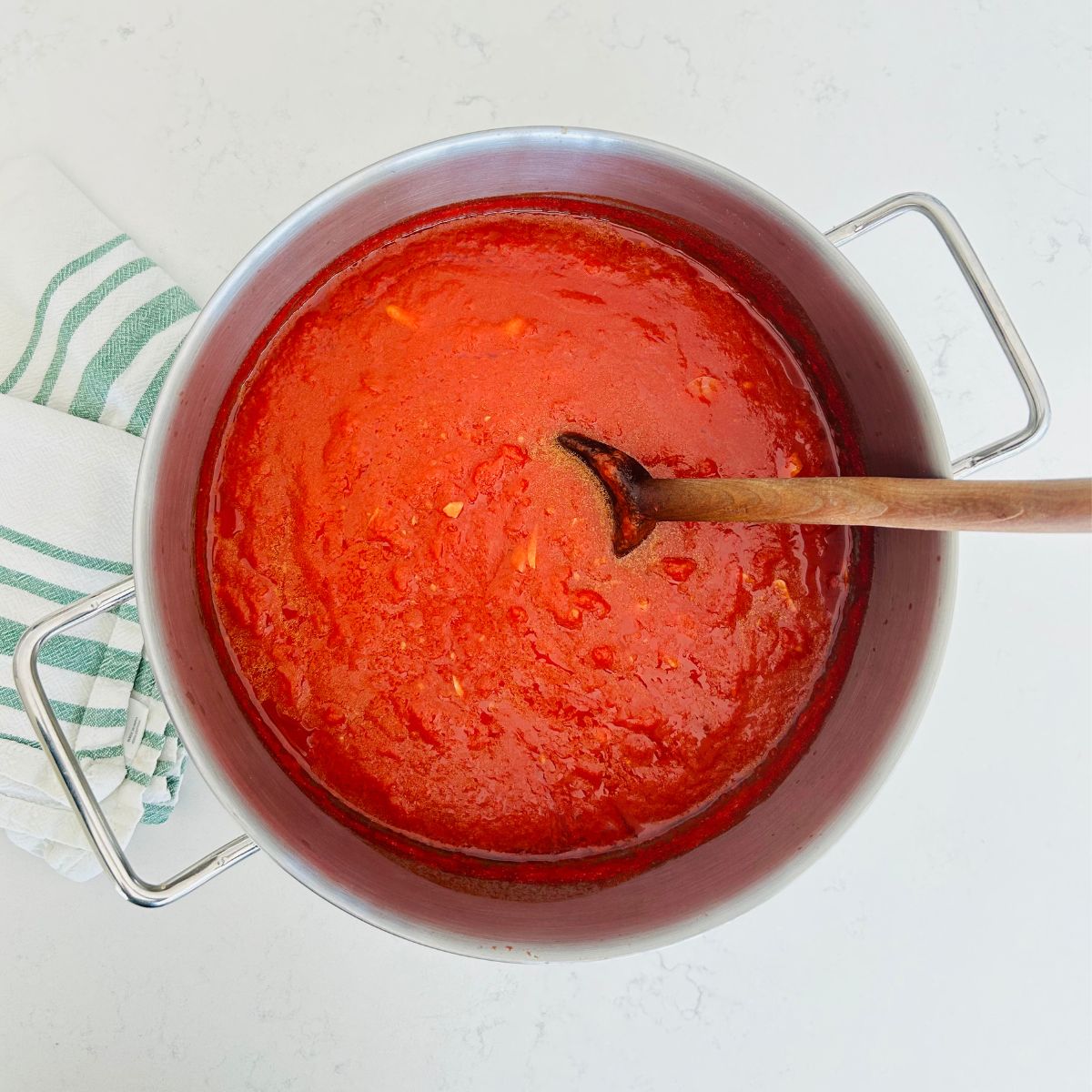 A big pot of San Marzano marinara sauce that is ready to serve.