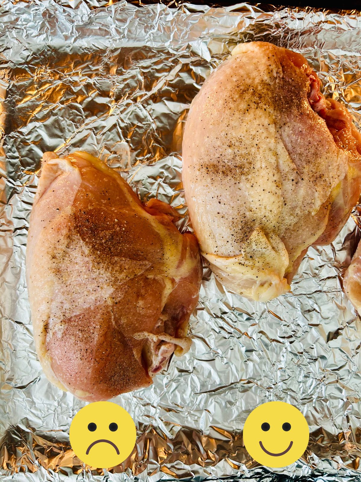 An example of a split chicken breast to buy versus one that only has partial skin covering the breast meat.