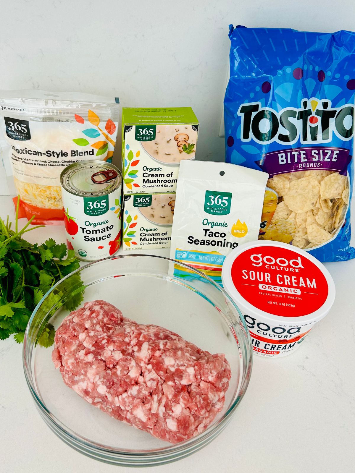 The ingredients needed to prepare taco casserole with Tostitos tortilla chips.