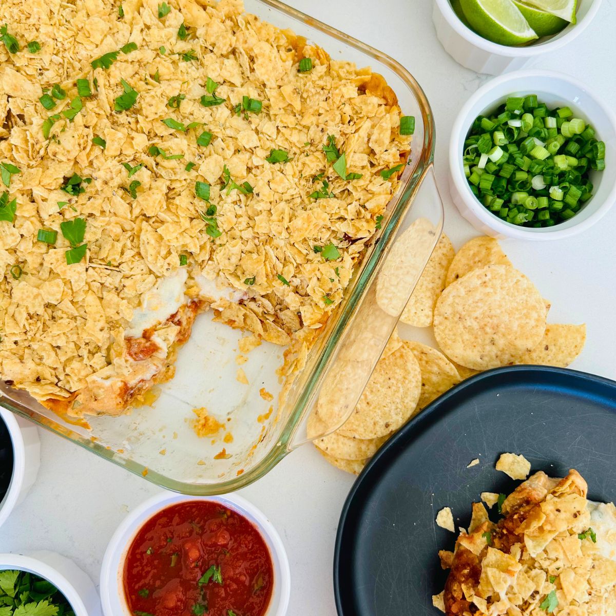 Serve your favorite toppings with taco casserole with tortilla chips.