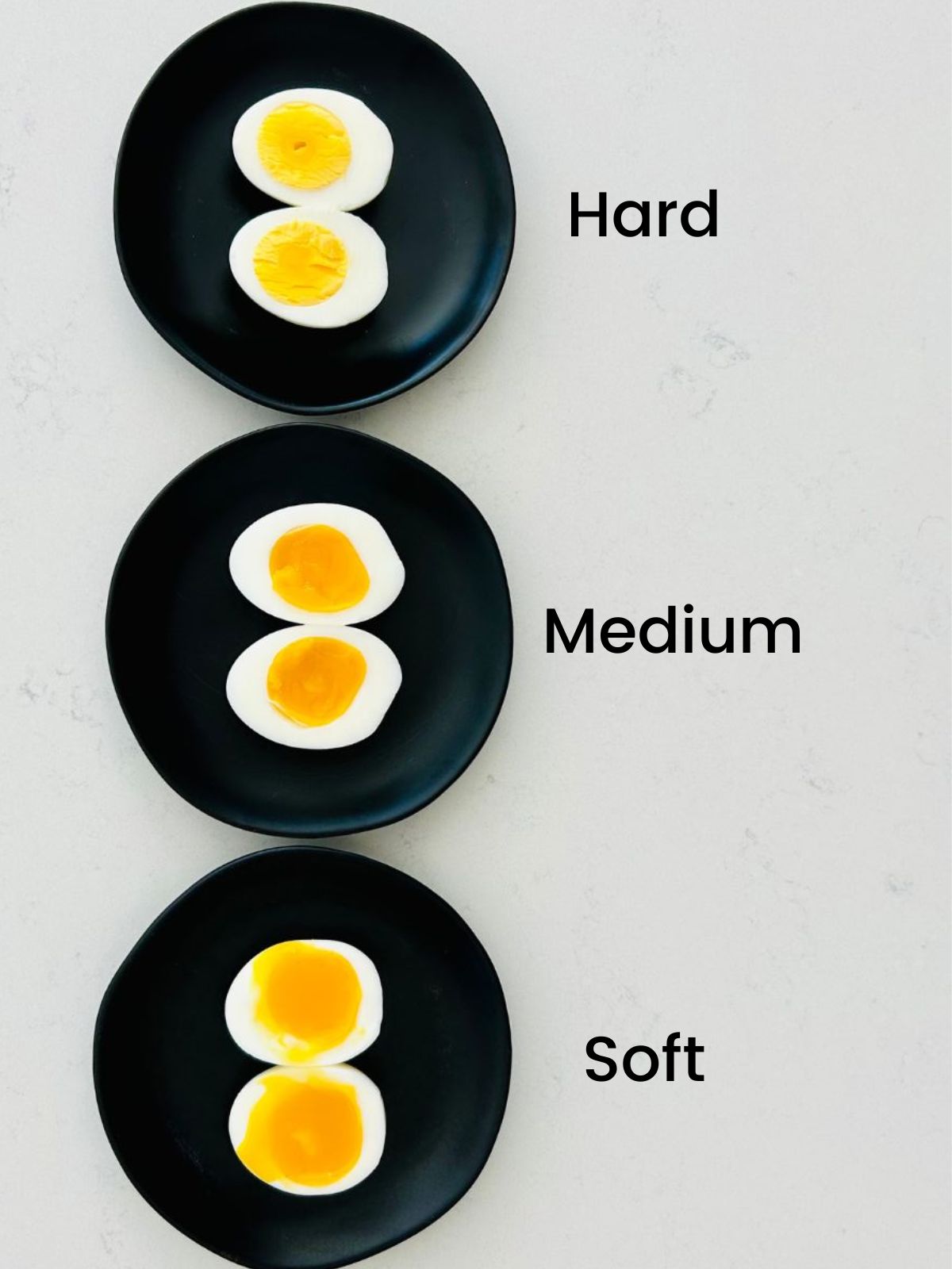 Hard, medium, and soft boiled eggs labeled.