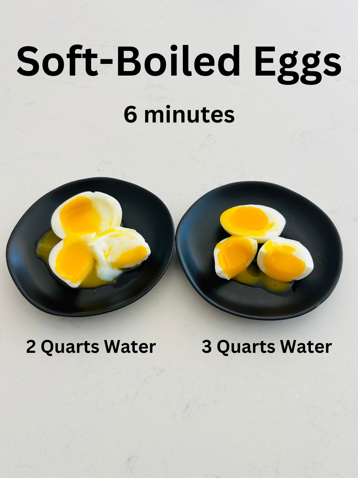 Soft boiled eggs cooked in 2 and 3 quarts of water split open on black plates.