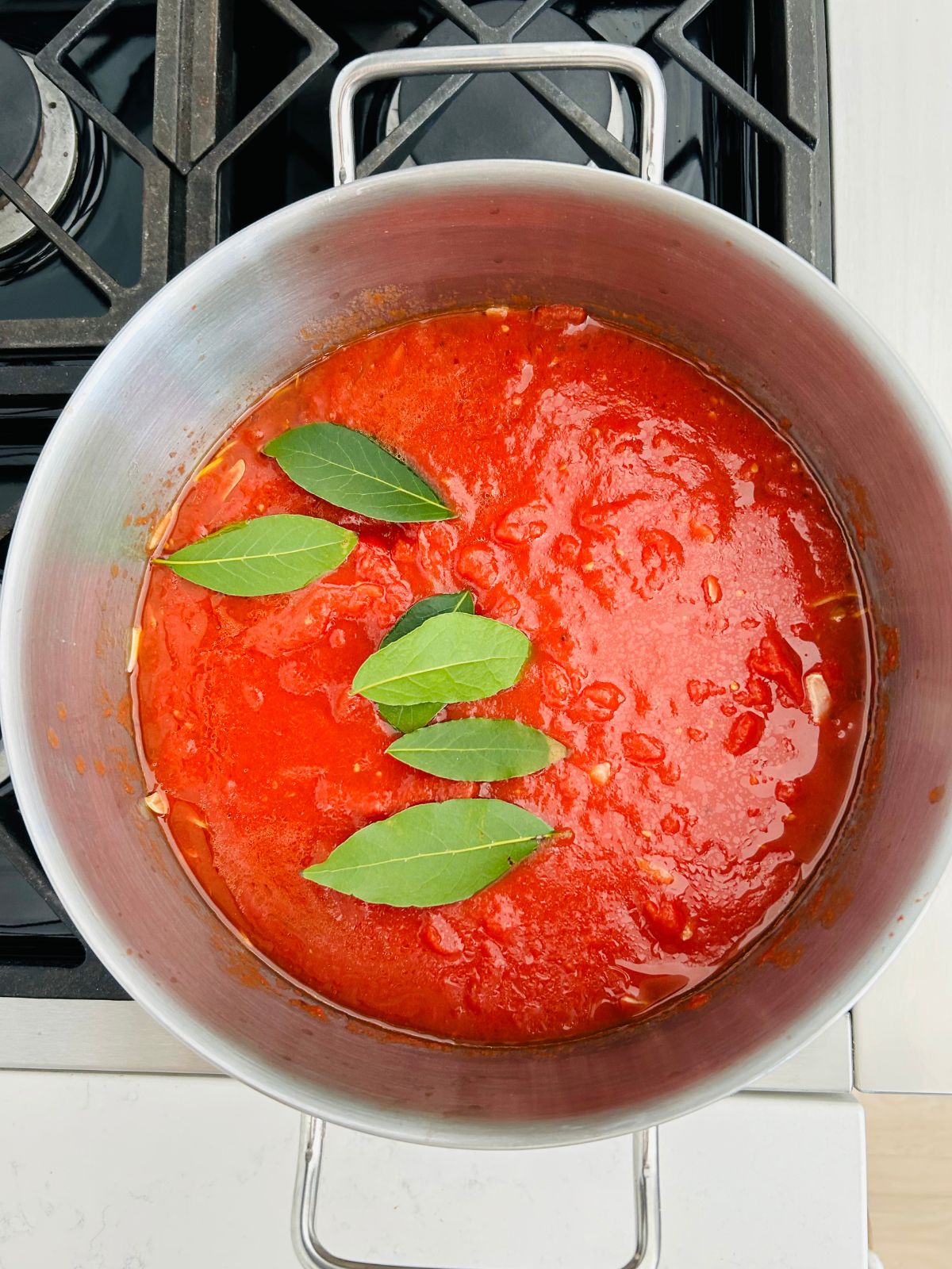 The final ingredient of bay leaves are added to the marinara sauce.