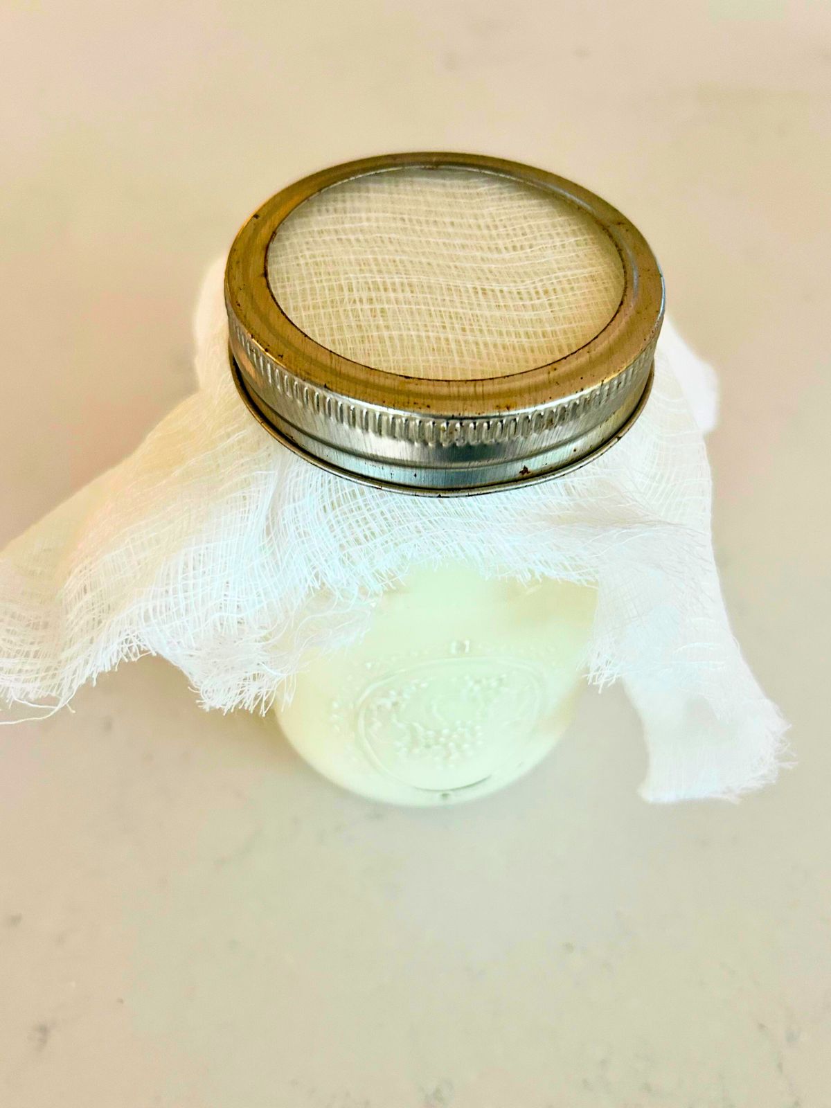 Cheesecloth over a mason jar of creme fraiche with the ring tightened over the cloth.