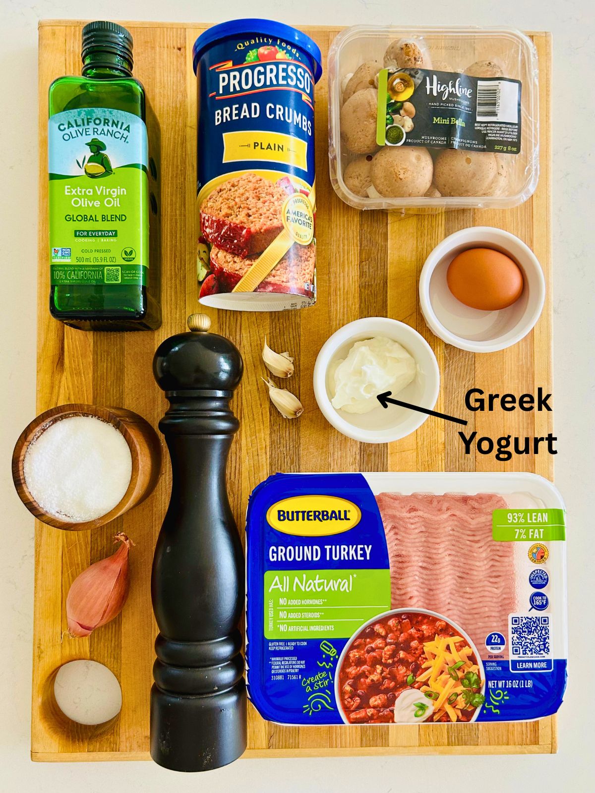 All of the ingredients needed to make juicy grilled turkey burgers with mushrooms.