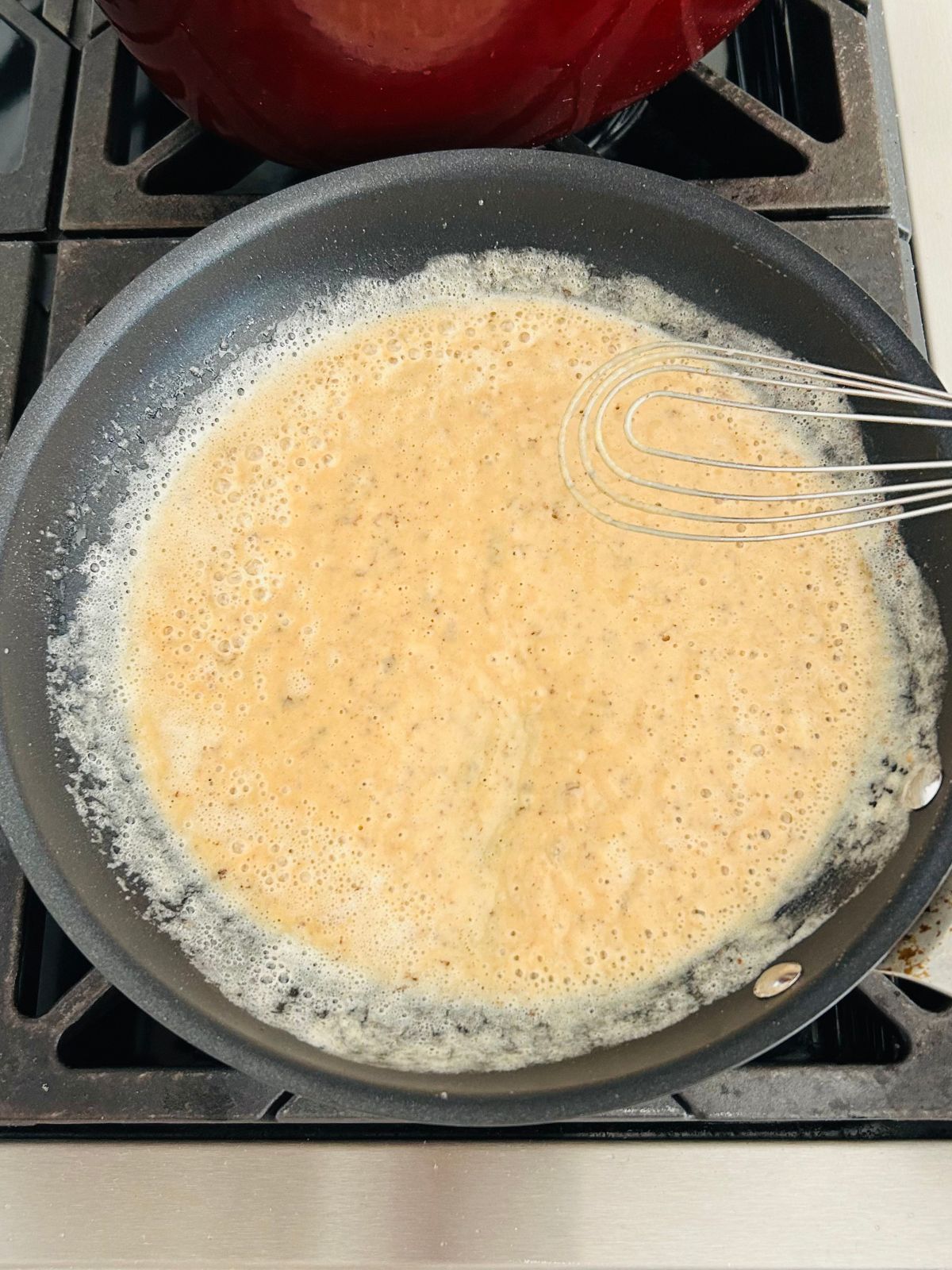 Toasting the flour and butter in a skillet.