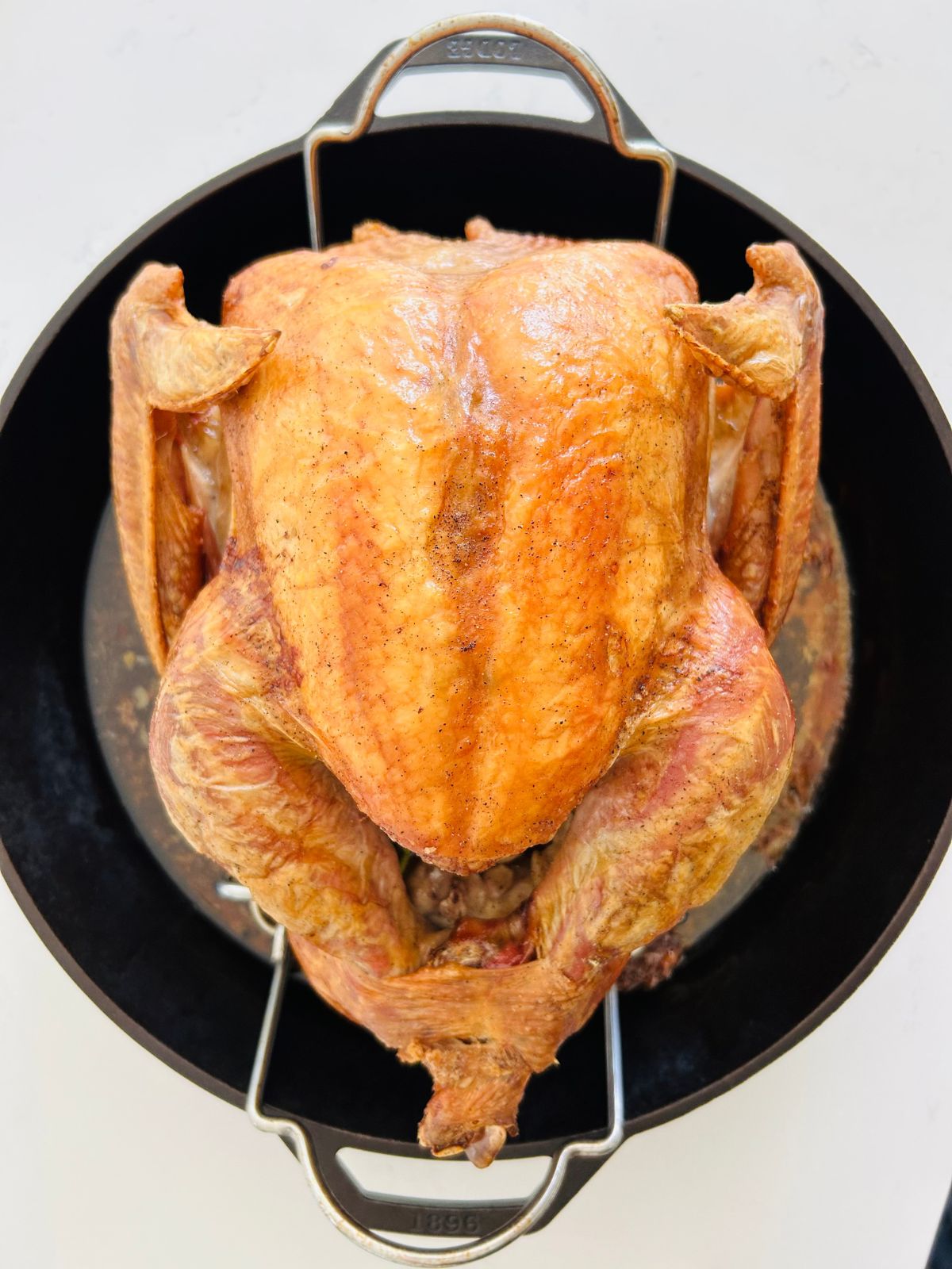 Roasted turkey resting on a rack in a cast iron skillet.