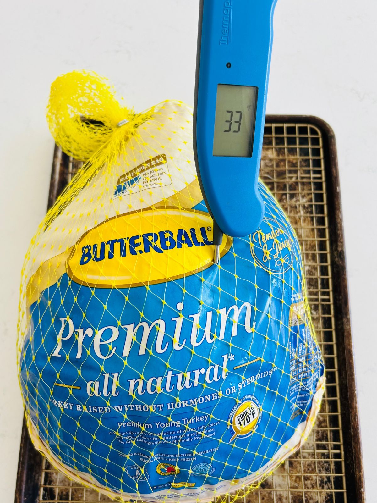 A thermometer is inserted into the turkey to verify the temperature is above 32℉ and completely defrosted.