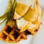 Leftover Thanksgiving stuffing waffles recipe with turkey, gravy, and green beans.