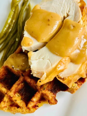 Leftover Thanksgiving stuffing waffles recipe with turkey, gravy, and green beans.