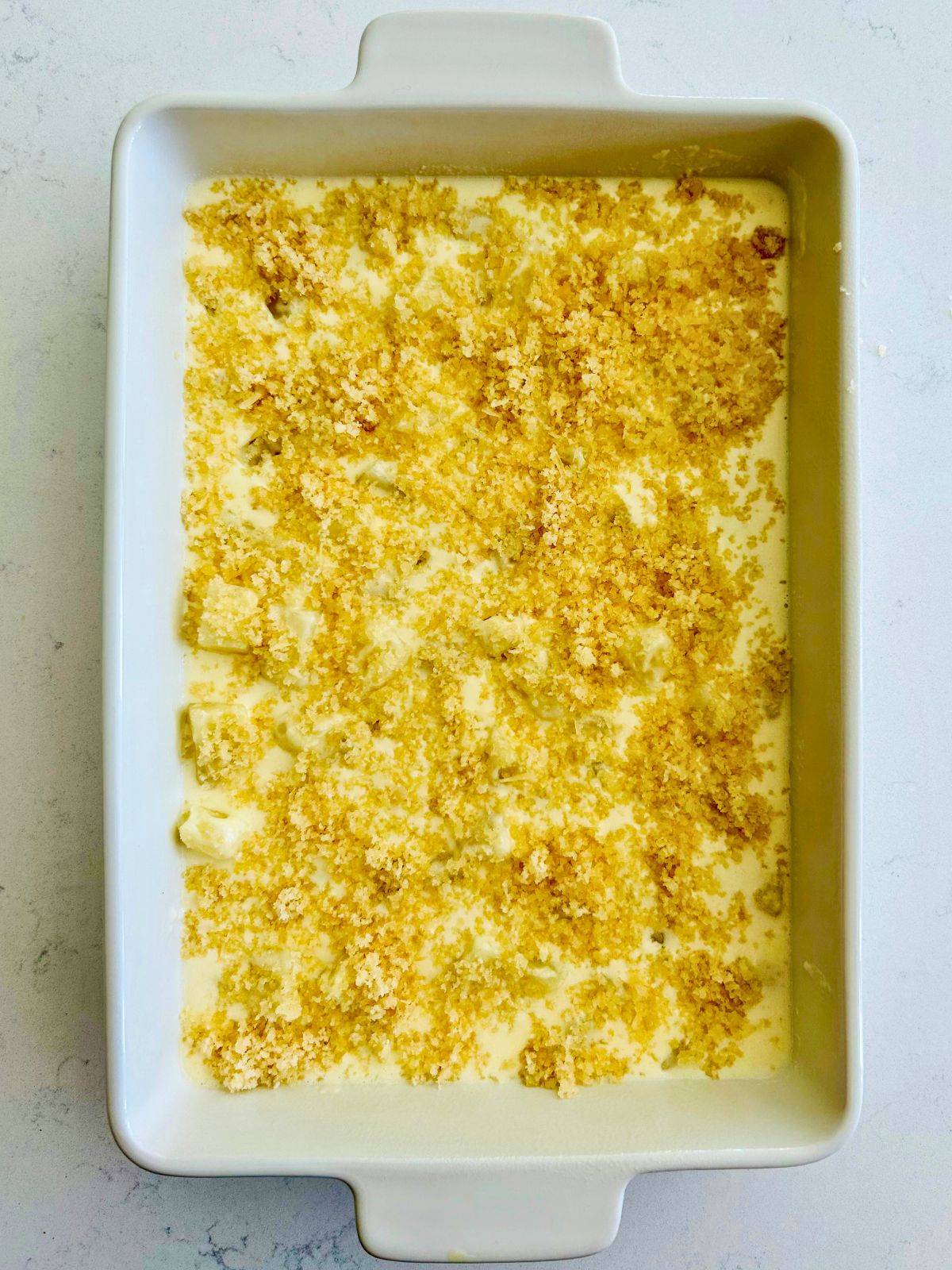 Parmesan cheese and panko bread crumbs sprinkled over a white casserole of potatoes and cream.