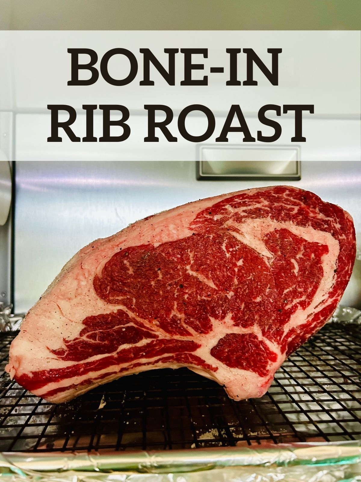 A bone-in rib roast dry brining in the refrigerator on a rack.