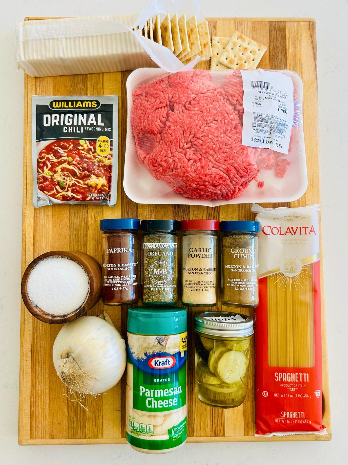 All of the ingredients and toppings to make a spaghetti red recipe just like Fred & Red's diner.