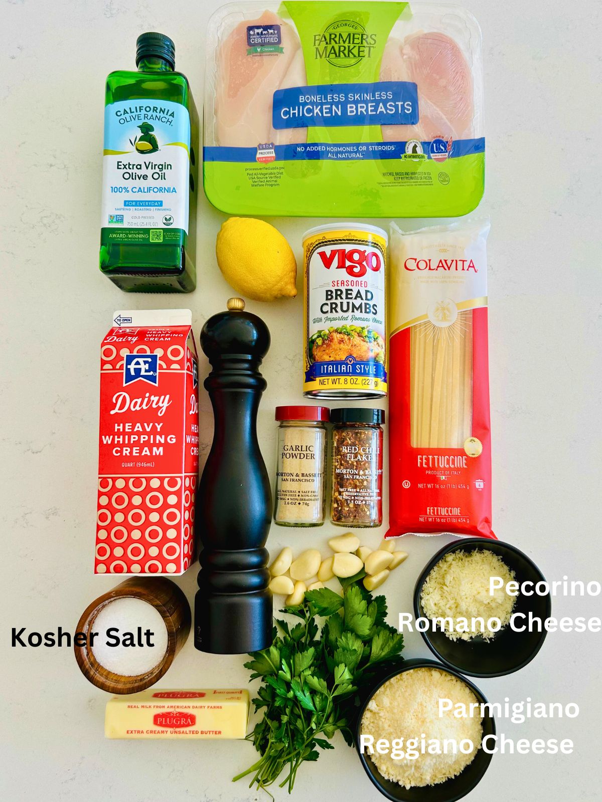 All the ingredients needed to make this chicken spiedini recipe with fettuccine Alfredo sauce.