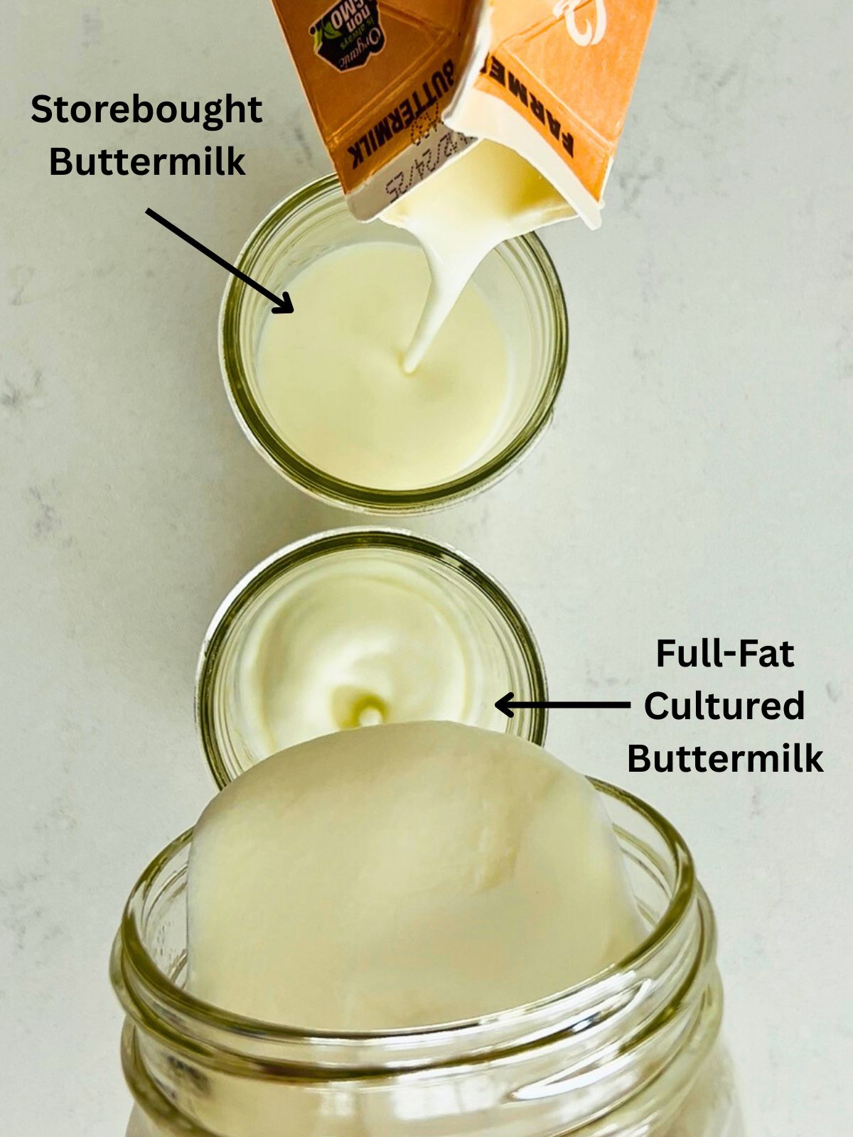 A side-by-side comparison of store-bought buttermilk and cultured buttermilk pouring into mason jars.