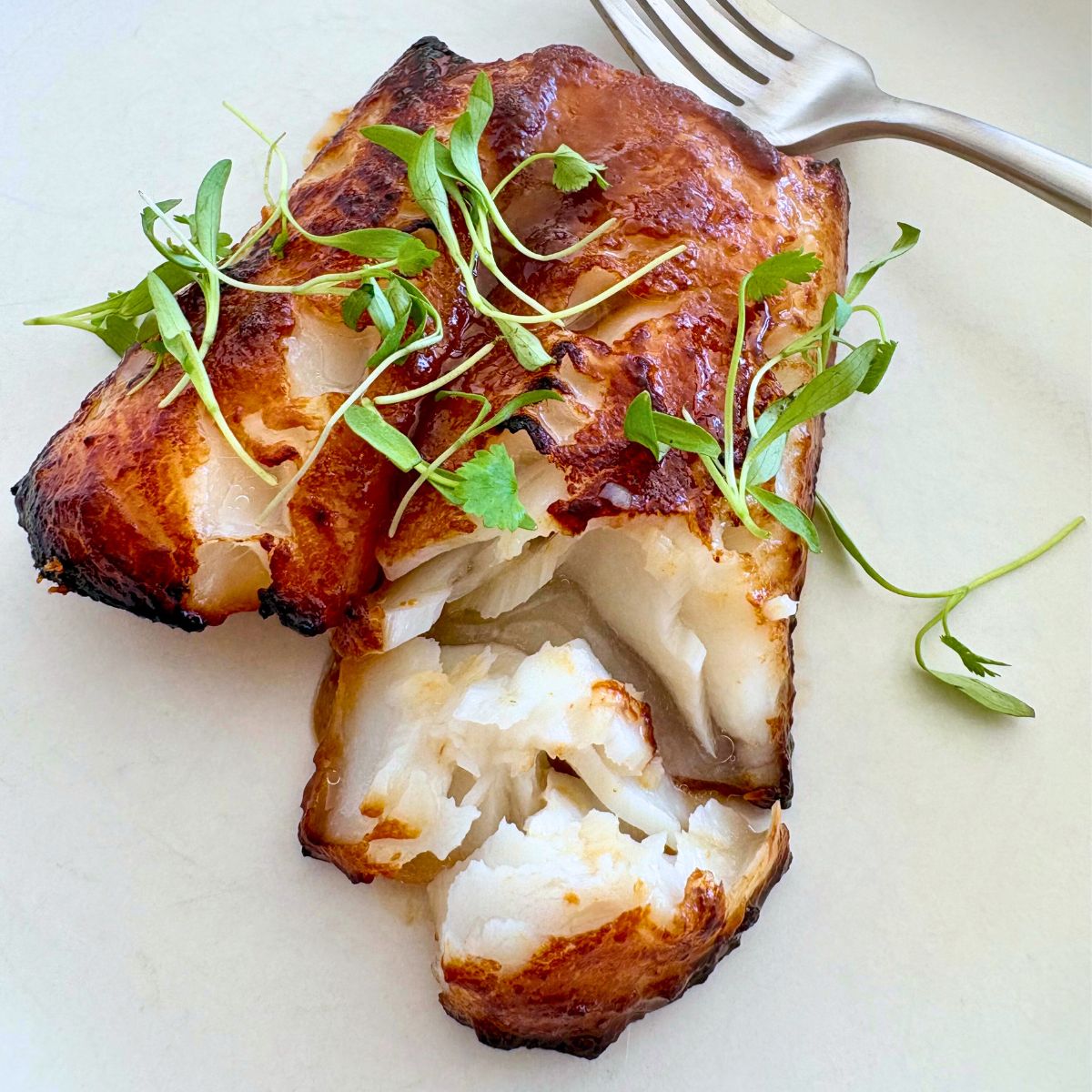Partially eaten miso marinated sea bass and a fork on a white plate topped with cilantro microgreens.