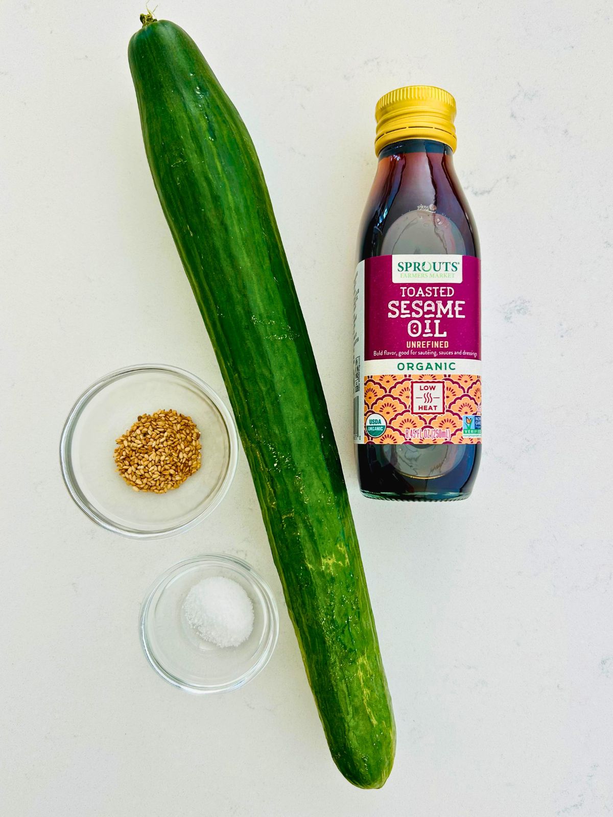 The four ingredients needed to make cucumber noodles.
