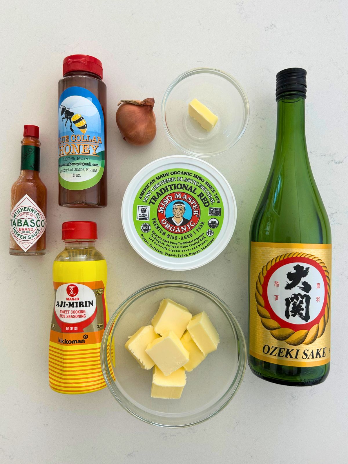 All of the ingredients needed to make miso butter sauce.