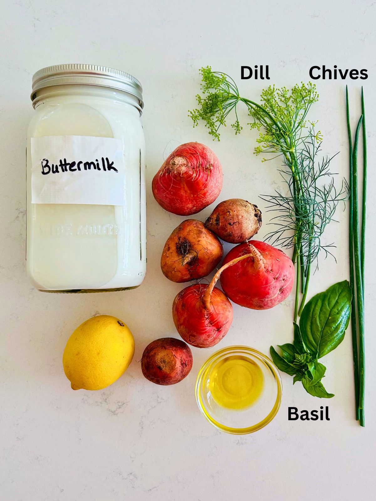 All of the ingredients needed to make golden beet soup.