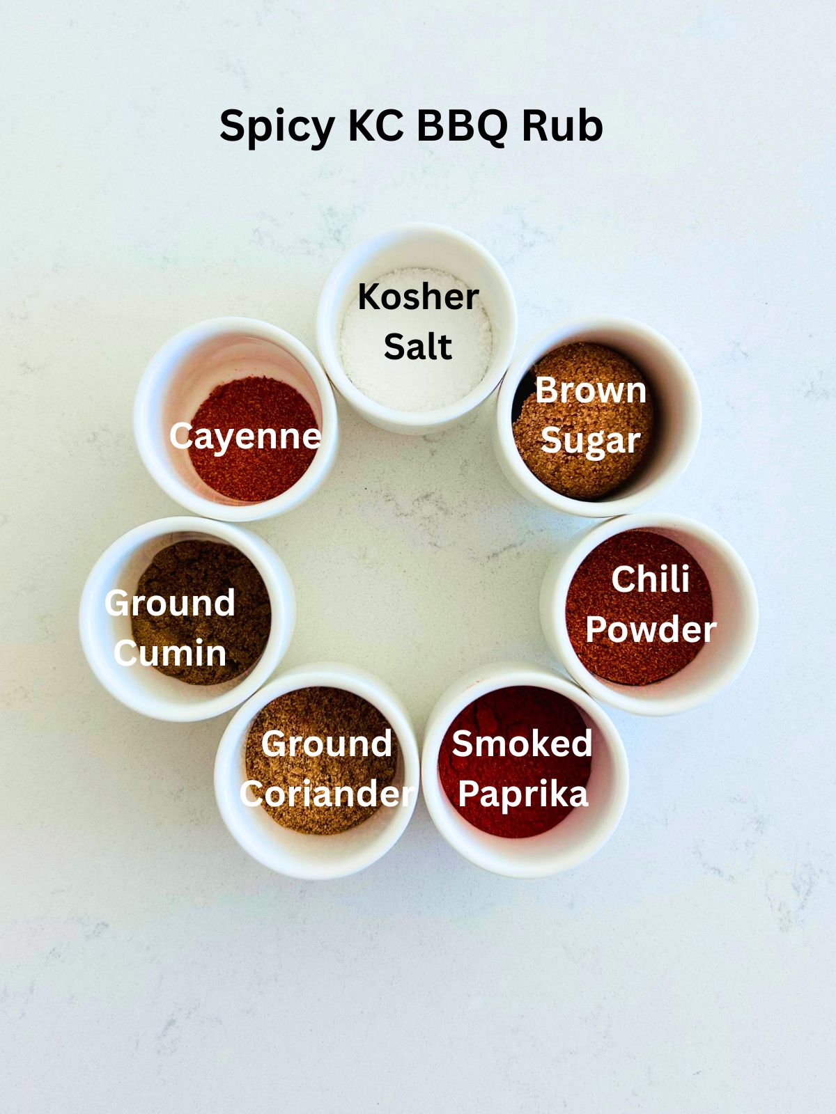 All of the ingredients needed to make a spicy KC BBQ rub for an oven-baked shrimp boil.