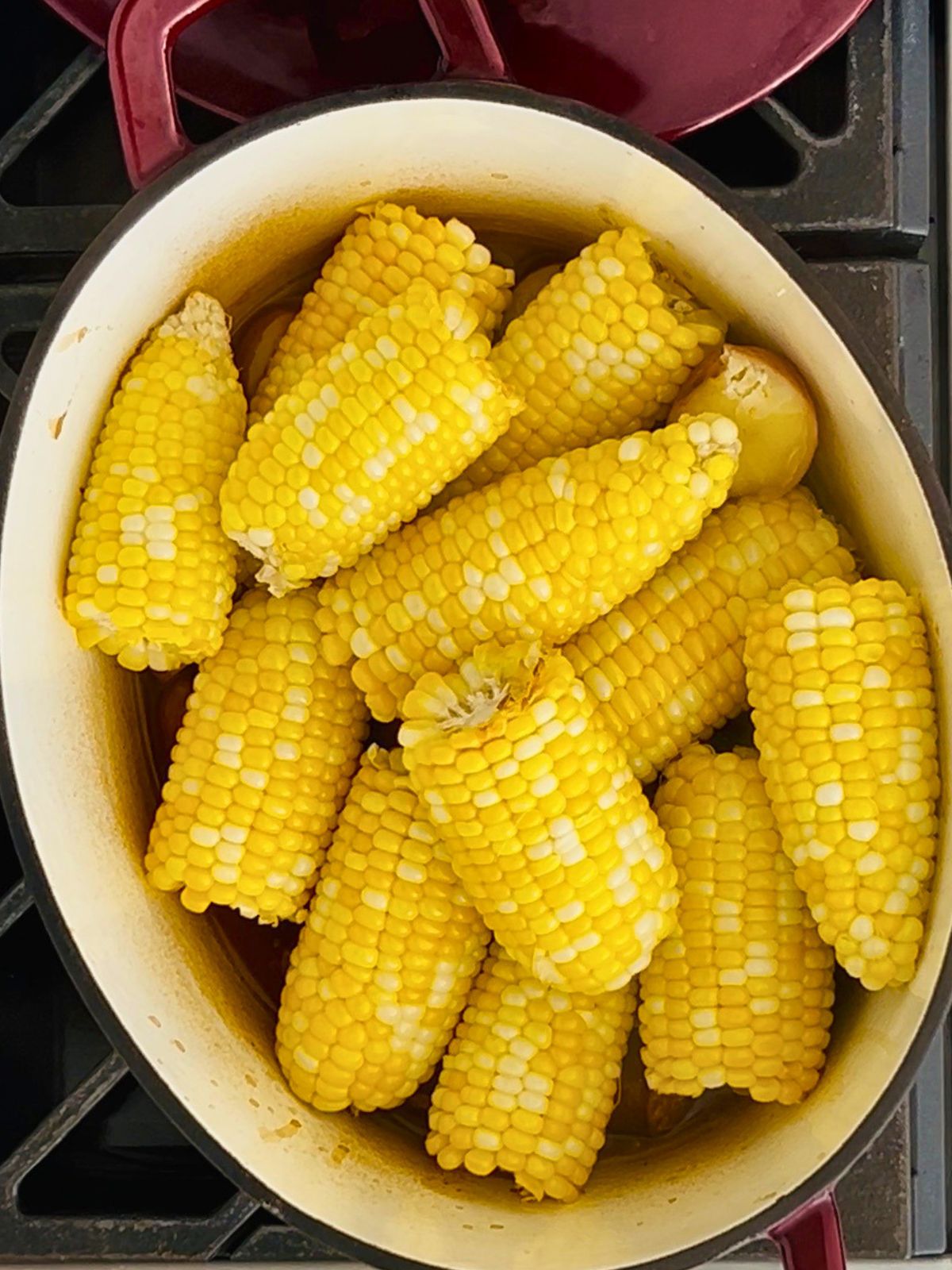 Fresh corn on the cob steaming in seasoned broth for a Dutch oven shrimp boil.