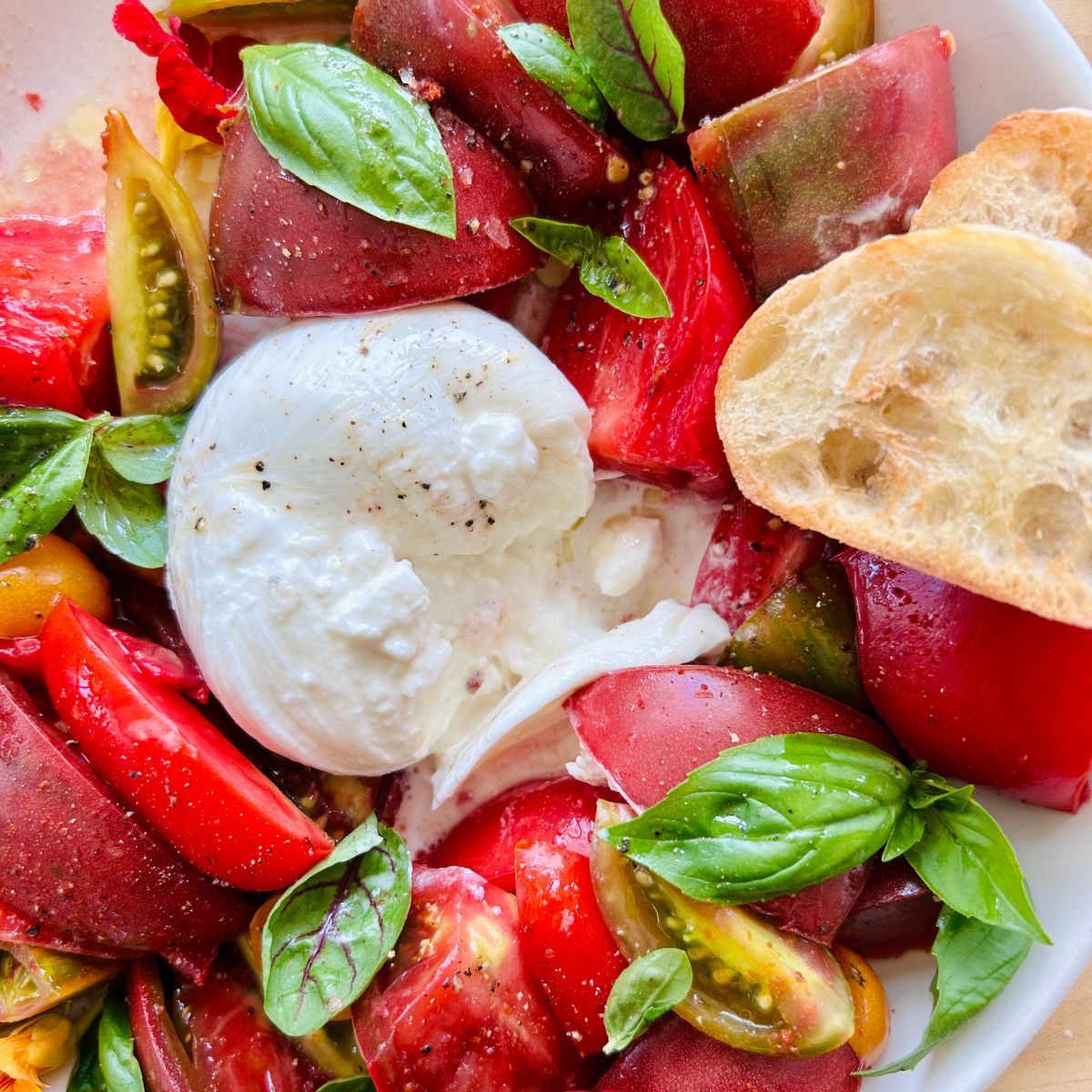 Burrata's creamy center flowing into pieces of heirloom tomatoes and basil leaves next to toasted slices of baguette.