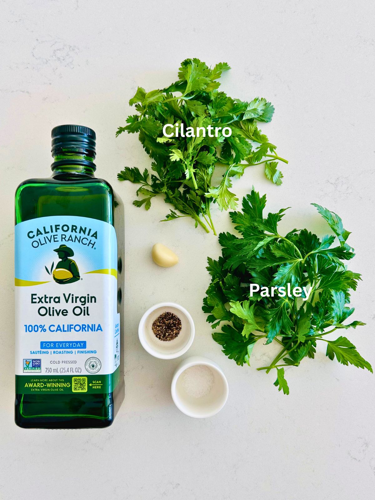 All of the ingredients needed to make chimichurri sauce with cilantro and parsley.