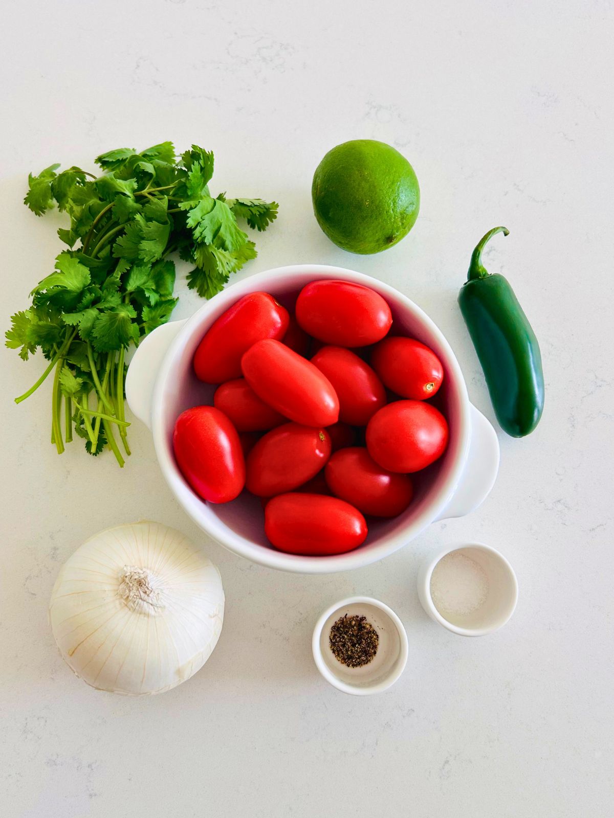 All of the ingredients needed to make this cherry tomato pico de gallo recipe.