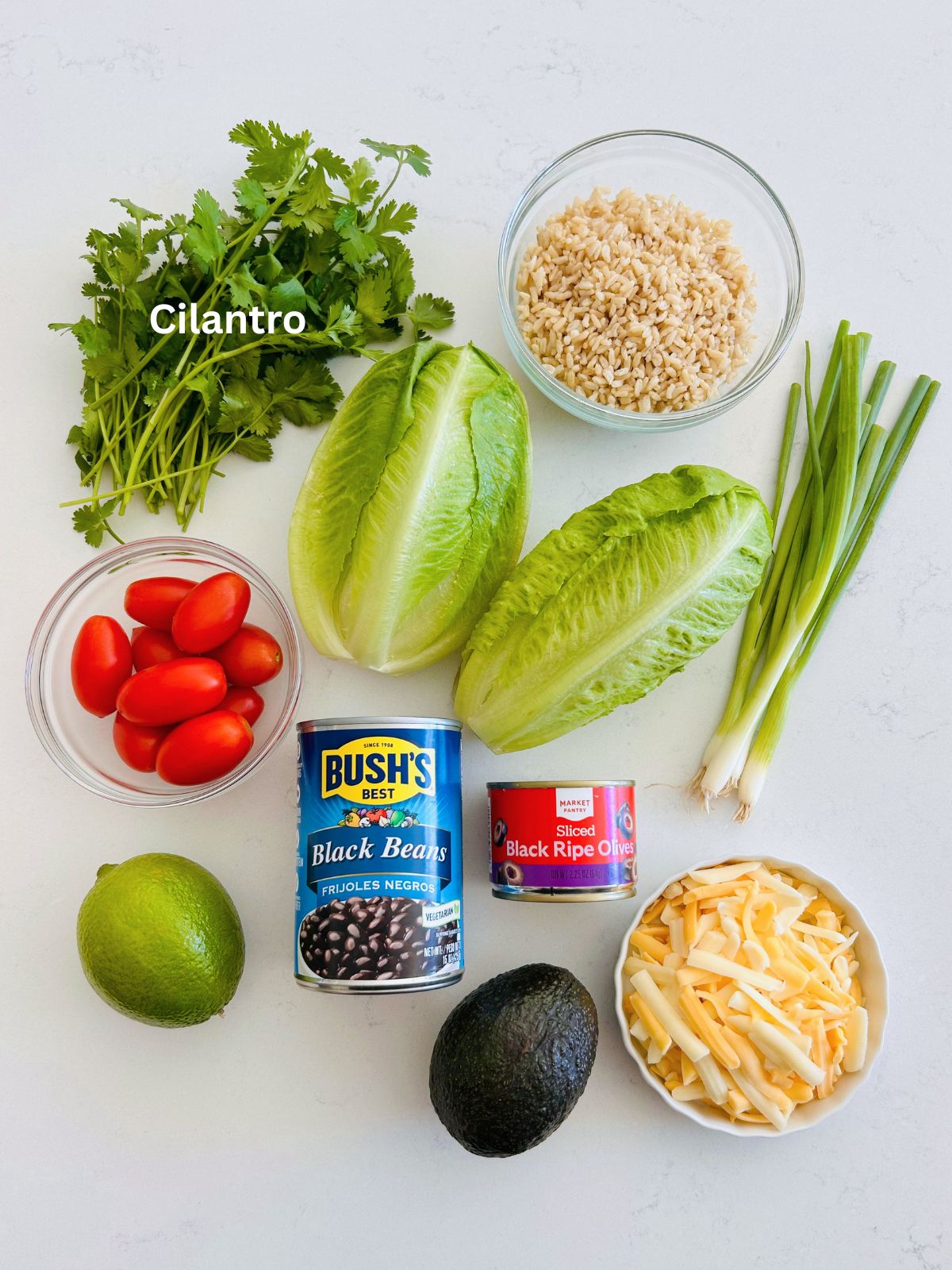 All of the topping ingredients for a chicken burrito bowl with jalapeño ranch.