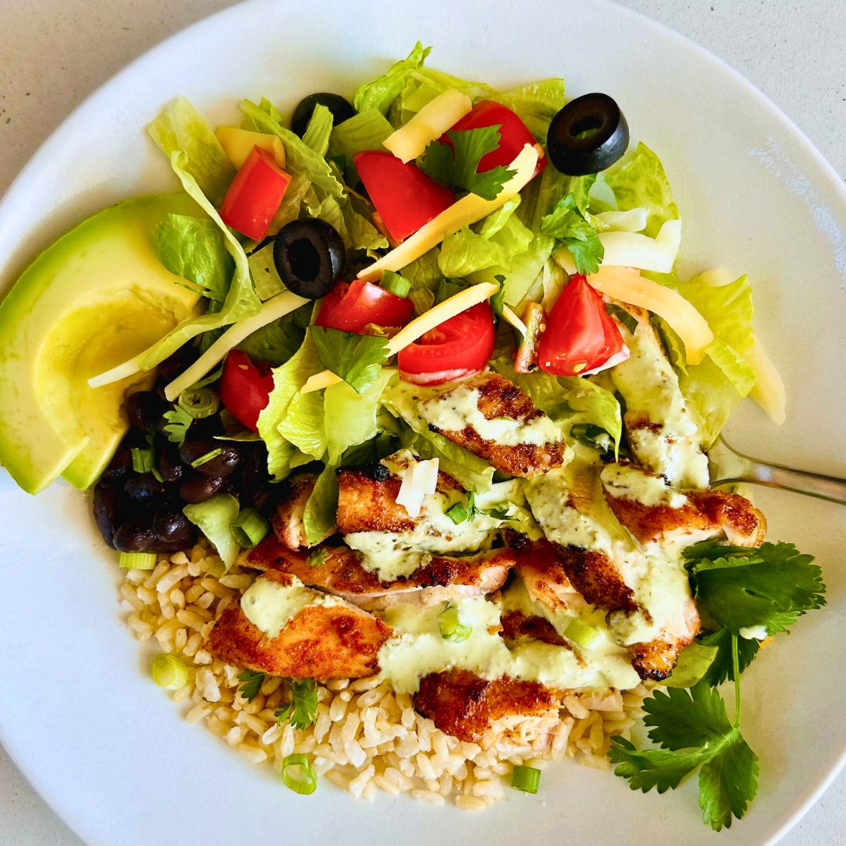 Chicken burrito bowls with jalapeño ranch and fresh toppings with a fork nestled on a white plate.