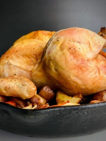 A cast iron skillet holding a whole roasted chicken with caramelized vegetables.