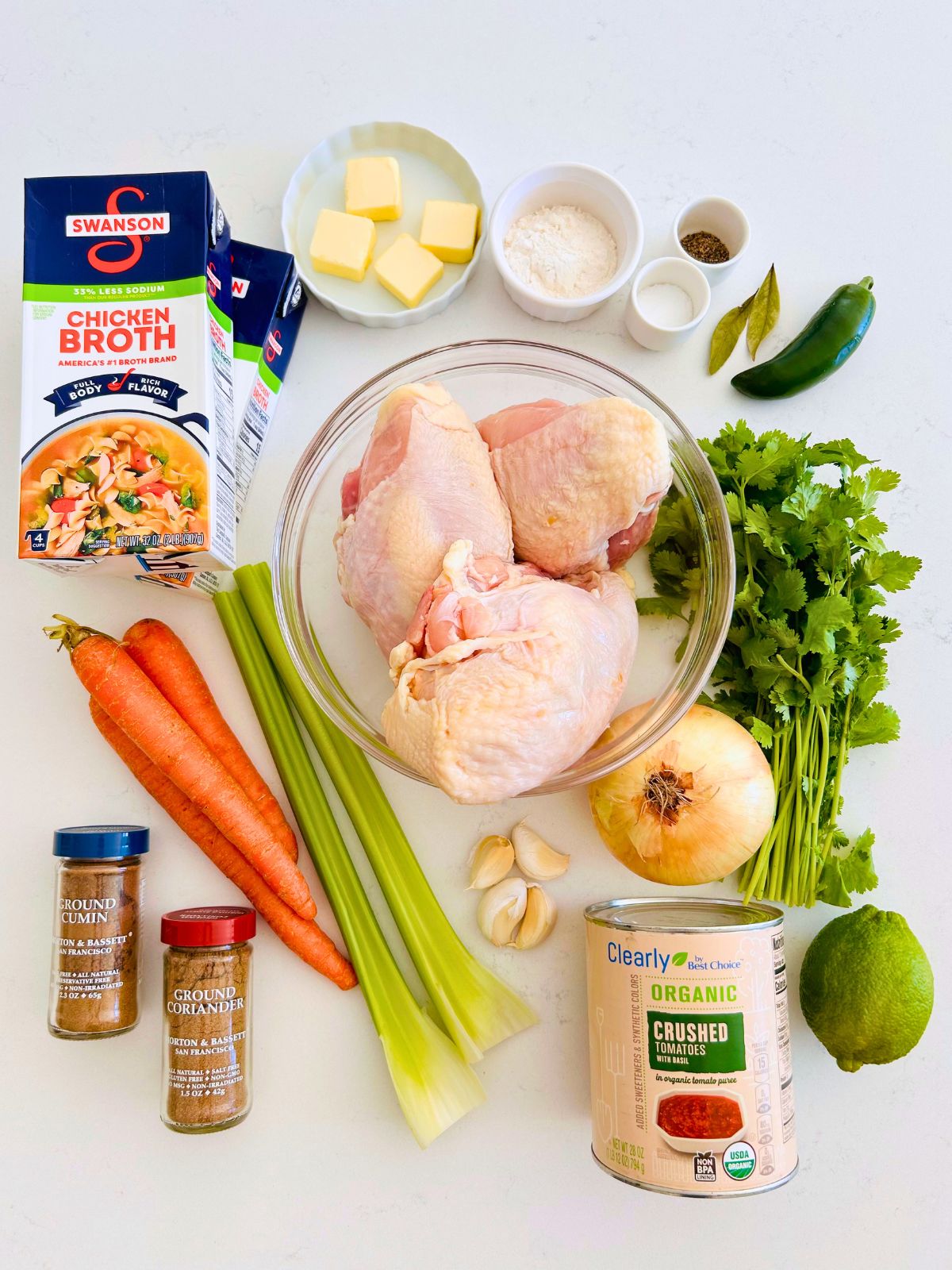 All of the ingredients needed to make Mexican chicken and vegetable soup.