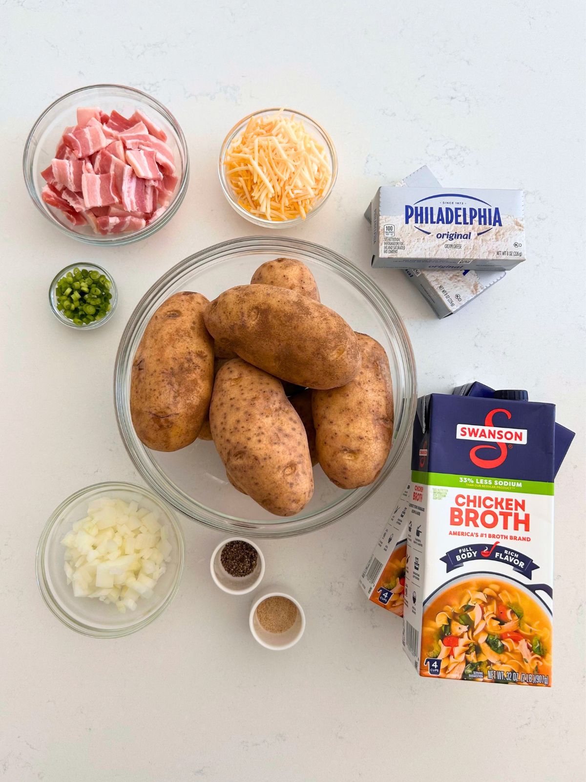All of the ingredients needed to make copycat Panera baked potato soup.