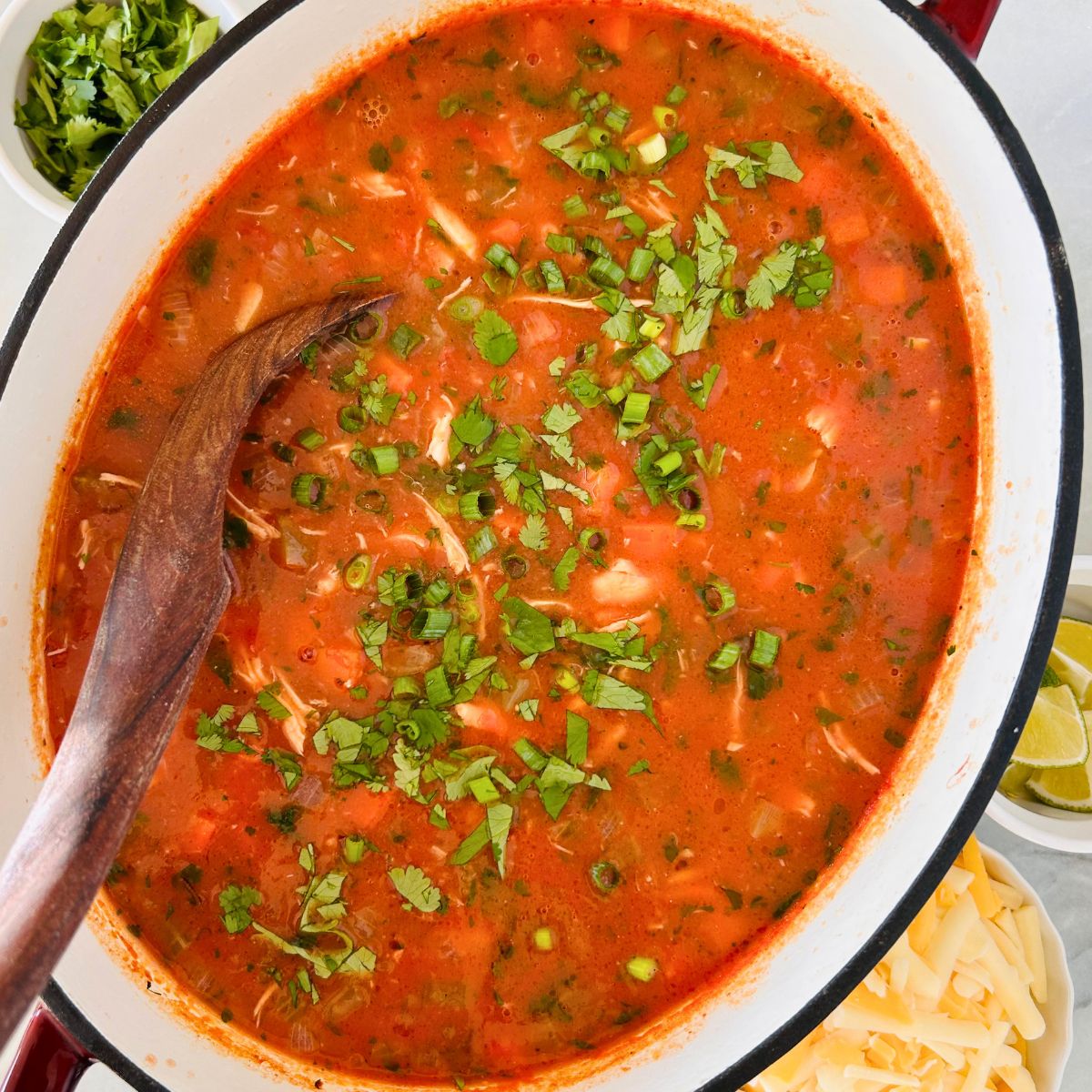 An enameled pot containing Mexican chicken and vegetable soup with a wooden ladle starting to scoop a serving.
