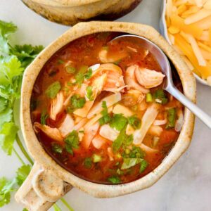 A spoon is dipping into a potted mug of Mexican chicken and vegetable soup sitting between cilantro sprigs and shredded cheese.